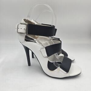 $450 Alexander McQueen White Black Leather Heels Sandals Shoes Pumps 8 EU 38.5